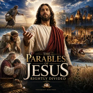 Cinematic VerseQuest poster for The Parables of Jesus Rightly Divided, showing Jesus surrounded by scenes from His parables.