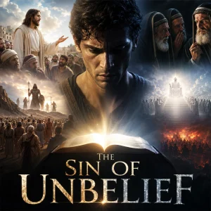The Sin of Unbelief KJV Bible study series poster showing a troubled man before a glowing Bible, Christ, judgment, and the lake of fire.