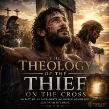 Cinematic KJV Bible study poster showing the believing thief on the cross looking toward Jesus Christ at Calvary, illustrating Luke 23:39–43 and salvation by faith.
