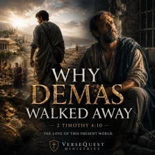 Demas walking toward the attractions of the present world while Paul remains imprisoned and faithful, illustrating 2 Timothy 4:10 and the danger of worldly affection.
