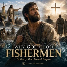 Cinematic KJV Bible study poster showing an ordinary Galilean fisherman carrying a net as Jesus calls fishermen to follow Him and become fishers of men.