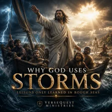 Jesus Christ commanding the storm to be still as frightened disciples struggle in a boat on rough seas, illustrating Mark 4:35–41 and why God uses storms.