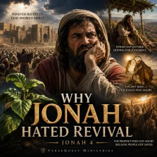Jonah sitting angrily outside Nineveh while the city repents and God shows mercy, illustrating the prophet’s struggle in Jonah 4.