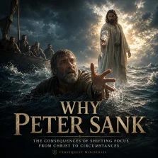 Peter sinking in the stormy Sea of Galilee while reaching toward Jesus Christ, illustrating Matthew 14:30 and the danger of shifting focus from Christ to circumstances.