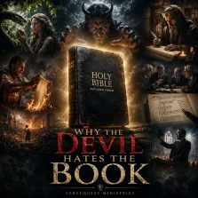 Cinematic KJV Bible study poster showing Satan reaching toward a glowing King James Bible as scenes of Eden, persecution, textual corruption, and biblical preaching surround the Book.