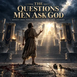 Ornate illustrated KJV Bible-study chart presenting ten questions men asked God and the biblical answers that revealed their hearts.