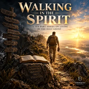 Cinematic Christian image of a believer walking from darkness toward light, representing biblical obedience and walking in the Spirit.