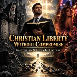 Cinematic Christian liberty artwork showing a believer holding an open Bible between religious bondage and worldly temptation, with broken chains and a cross ahead.