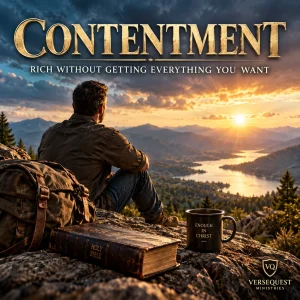 Cinematic poster showing a contemplative man overlooking a mountain valley with a Bible, representing biblical contentment and sufficiency in Christ.