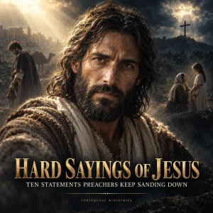 Dramatic portrait of Jesus in golden light with shadowed biblical scenes representing His hard sayings, costly discipleship, rejection, and coming judgment.