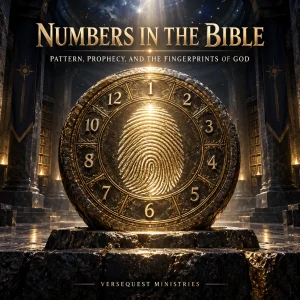 Cinematic Bible-study poster showing a glowing fingerprint surrounded by the major numbers examined throughout the Numbers in the Bible series.