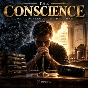 Cinematic image of a man inside a symbolic courtroom representing the conscience, with light and darkness illustrating accusation, conviction, truth, and moral judgment.