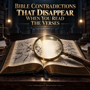 An open Bible beneath an antique magnifying glass, symbolizing how alleged contradictions disappear when Scripture is examined carefully and read in context.