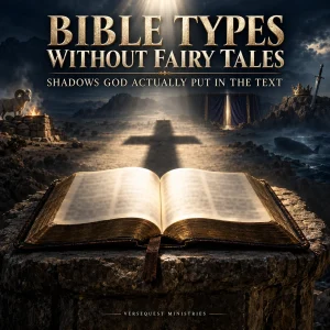 An open Bible on a stone lectern casts a cross-shaped shadow, surrounded by subtle images of a ram, tabernacle, crown, sword, and great fish.