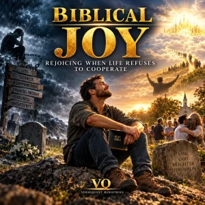 Cinematic Biblical Joy poster showing a Christian surrounded by storms, loss, fellowship, Scripture, and radiant heavenly hope.