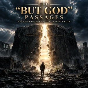 Square poster showing a massive dark stone barrier split by brilliant white-gold light, representing God’s intervention in human ruin.