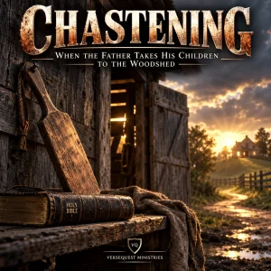 Cinematic woodshed scene with an open lighted doorway, Bible, wooden paddle, and path toward home representing God’s fatherly chastening and restoration.