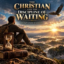 Christian waiting on a mountain overlook beside a Bible and hourglass as an eagle soars overhead, illustrating patience and renewed strength from Isaiah 40:31.