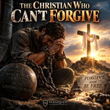 Christian burdened by chains beside a radiant cross, symbolizing bitterness, unforgiveness, and the freedom found in biblical forgiveness through Christ.