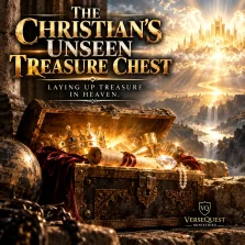 Cinematic image of an open treasure chest filled with crowns, jewels, and scrolls before a radiant heavenly city, illustrating treasure in heaven.