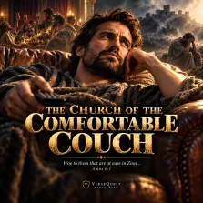 Christian reclining comfortably while scenes of luxury, distraction, spiritual need, and faithful service illustrate the warning of Amos 6:1 about complacency.