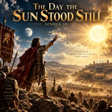 Cinematic scene of Joshua commanding the sun and moon over the battlefield at Gibeon, illustrating Joshua 10 and God’s sovereignty over creation.