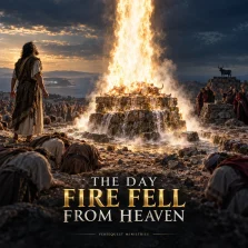 Elijah stands beside a water-drenched altar consumed by heavenly fire as Israel bows on Mount Carmel in 1 Kings 18.