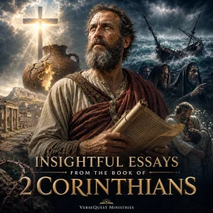 Apostle Paul holding a scroll surrounded by a cross, stormy sea, cracked vessel, ancient Corinth, and believers representing the themes of 2 Corinthians.
