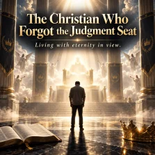 Cinematic image of a Christian standing before the Judgment Seat of Christ with an open Bible and crown, illustrating Romans 14:10.