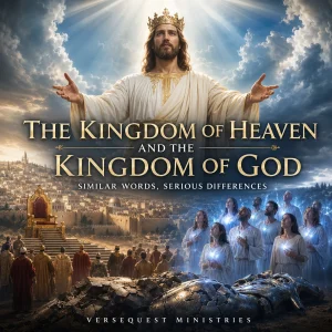 Crowned Jesus Christ above Jerusalem between an earthly throne and heavenly light, representing the Kingdom of Heaven and the Kingdom of God.