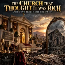 Cinematic depiction of a wealthy Laodicean church beside a cracked mirror revealing spiritual ruin, illustrating Revelation 3:17.