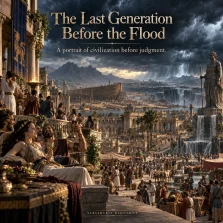 Cinematic scene of the pre-Flood civilization with Noah’s ark under gathering storm clouds, illustrating the last generation before the Flood in Genesis 6.