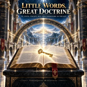 Open King James Bible with a golden key and ten small biblical words arranged beneath a monumental arch, representing how exact wording guards doctrine.