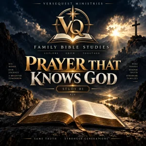 Cinematic VerseQuest Family Bible Studies poster showing an open Bible overlooking a mountain valley and cross with the title Prayer That Knows God.