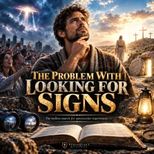 Man searching the sky for supernatural signs while an open Bible and the resurrection of Christ point to faith in God’s revealed Word.
