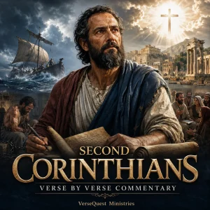 Cinematic depiction of the Apostle Paul with ancient Corinth and Scripture imagery representing the complete Second Corinthians verse-by-verse commentary.