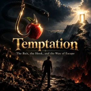 Cinematic temptation poster showing a baited hook and apple, a serpent, worldly treasure and death, and a man facing a bright doorway of escape.