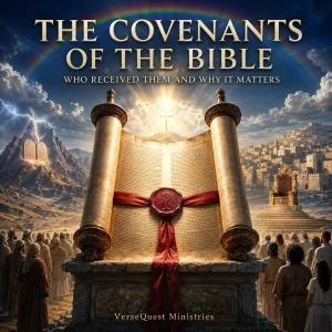 Open covenant scroll beneath a rainbow, flanked by Mount Sinai, Jerusalem, David’s throne, and Calvary, representing the Bible’s covenants and their appointed recipients.