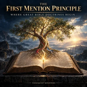 Cinematic artwork of an open Bible illuminating scenes of sacrifice, judgment, redemption, and divine revelation for The First Mention Principle series.
