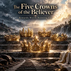 Cinematic illustration of five golden crowns representing the biblical rewards promised to faithful believers in the Five Crowns of the Believer series.