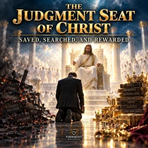 Cinematic heavenly judgment scene showing Christ enthroned before a kneeling believer, with crowns, enduring treasure, and burned works representing the Judgment Seat of Christ.