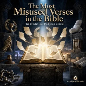 A glowing open Bible surrounded by ten torn verse fragments, ancient scrolls, praying hands, a gavel, and broken chains beneath the series title.