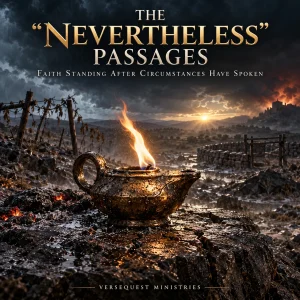 A battered bronze oil lamp burns on a rain-soaked rock above a storm-ravaged landscape, symbolizing faith standing after circumstances have spoken.