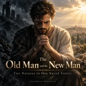 A praying man divided between dark ruined surroundings and bright heavenly light, symbolizing the old man and new man within a saved sinner.
