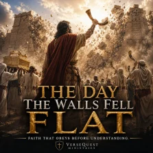 Israelites marching with priests, trumpets, and the ark of the covenant as the walls of Jericho collapse, illustrating faith and obedience in Joshua 6.