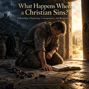 Cinematic Christian poster showing a repentant believer moving from darkness toward light, representing sin, chastening, forgiveness, and restoration.