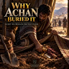 Cinematic image of Achan burying a Babylonish garment, silver, and gold beneath his tent floor, illustrating hidden sin in Joshua 7.