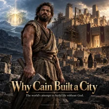 Cain standing before a growing ancient city, illustrating Genesis 4:17 and mankind's attempt to build civilization while separated from God.