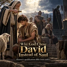 Samuel anointing young David while Saul and David’s older brothers stand nearby, illustrating that God looks on the heart rather than outward appearance.