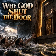 Cinematic image of Noah’s ark door closing as floodwaters rise outside, illustrating Genesis 7:16 and the finality of rejected truth.